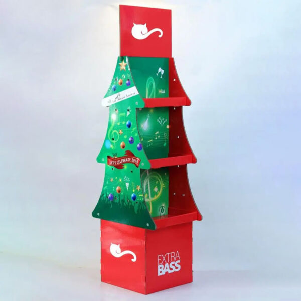 Christmas Tree Corrugated Retail Display Stand with Shelves