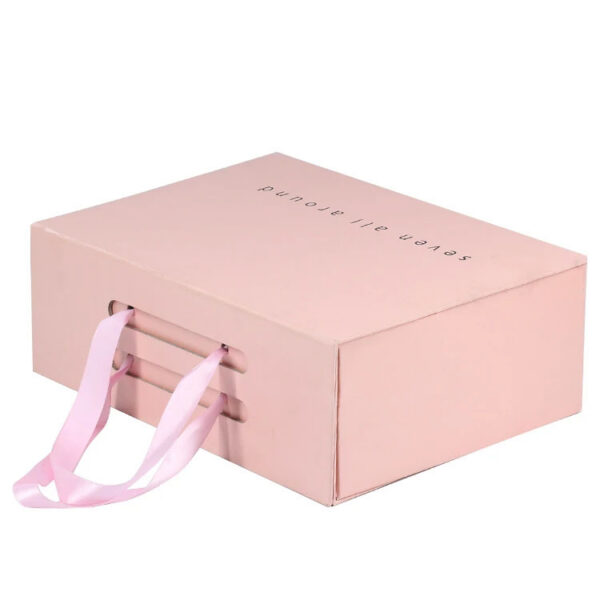 Custom Pink Rigid Gift Box with Ribbon Handles Custom Pink Rigid Gift Box with Ribbon Handles