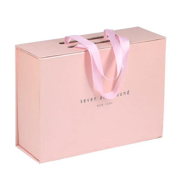Custom Pink Rigid Gift Box with Ribbon Handles Custom Pink Rigid Gift Box with Ribbon Handles