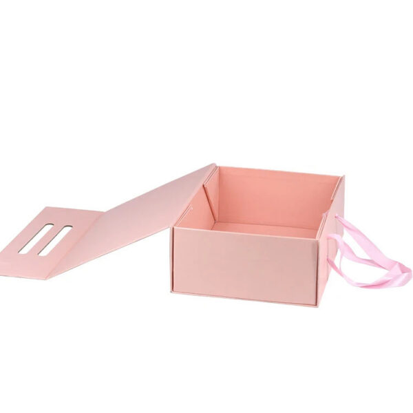 Custom Pink Rigid Gift Box with Ribbon Handles Custom Pink Rigid Gift Box with Ribbon Handles