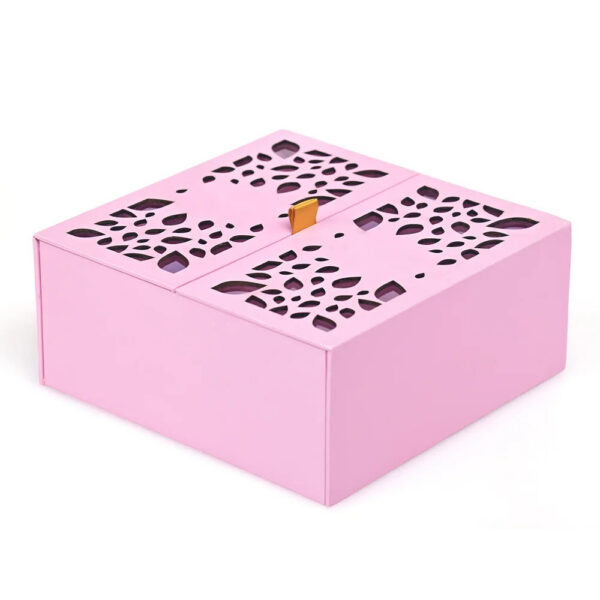 Pink Double Door Rigid Gift Box with Laser-Cut Leaf Lids Pink Double Door Rigid Gift Box with Laser-Cut Leaf Lids