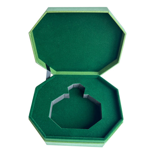 Caixa de presente para perfume aberta com suporte verde flocado para o frasco